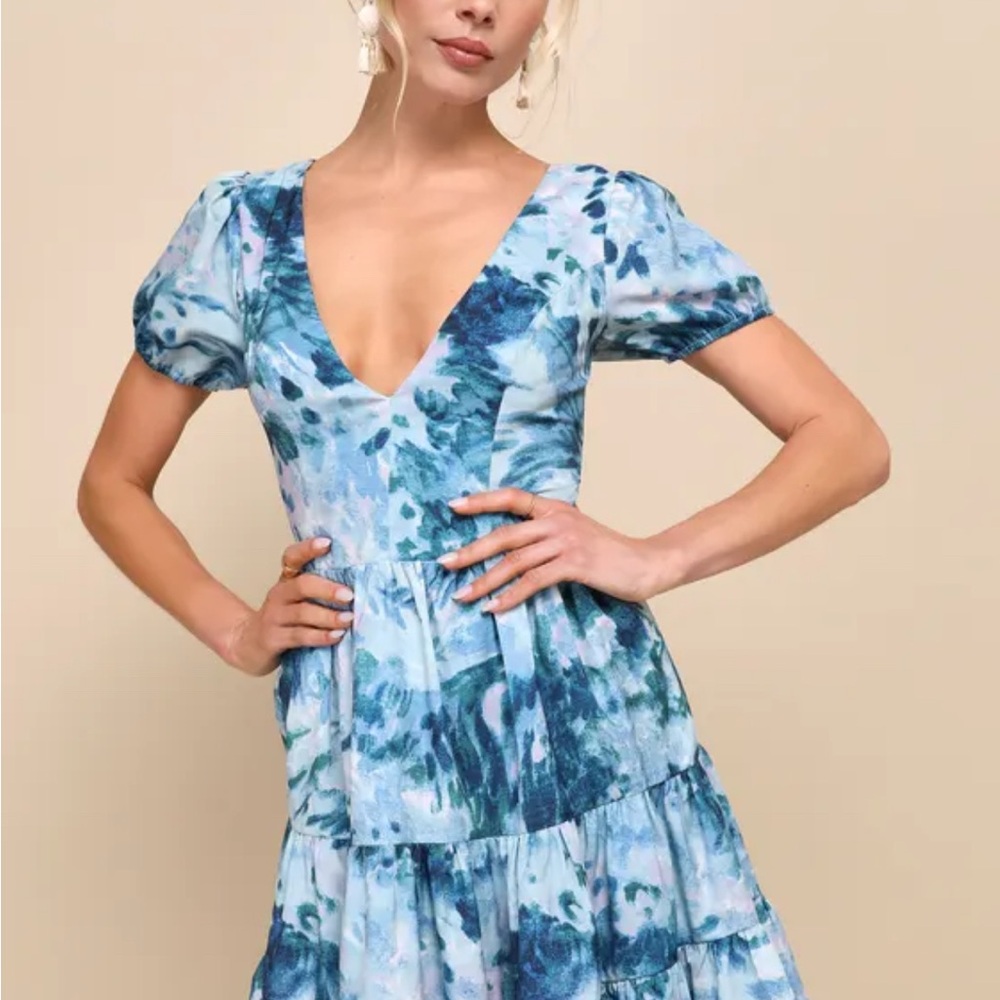 Lulu's Blue and White Puff Sleeve Mini Sundress